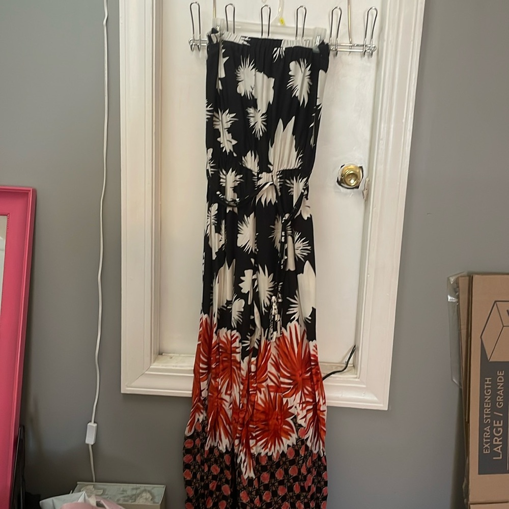 Orange, Black, And White Patterned Strapless Jump… - image 1